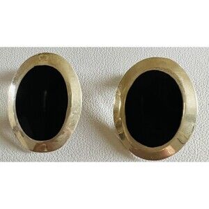 Vintage 925 Sterling Silver Oval Black Onyx Inlay Drop Clip Earrings, B-49